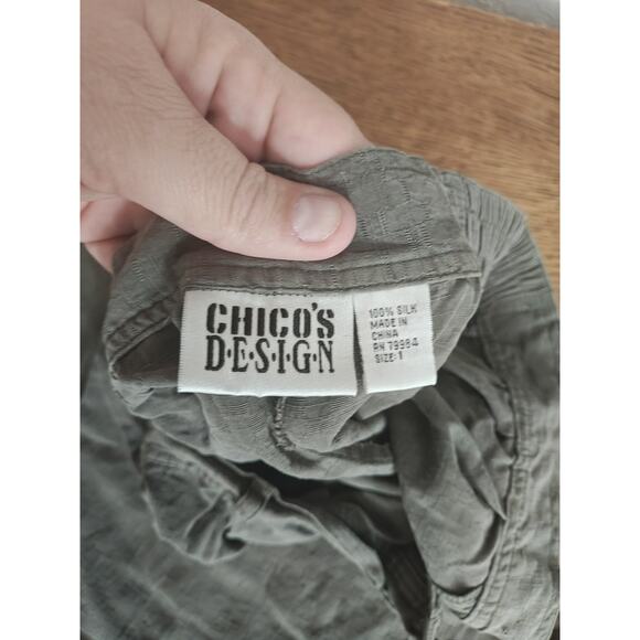 Chicos Silk Linen Pants Women's SZ 1 Olive Green Pull-On Wide Leg Elastic Waist - Picture 2 of 2